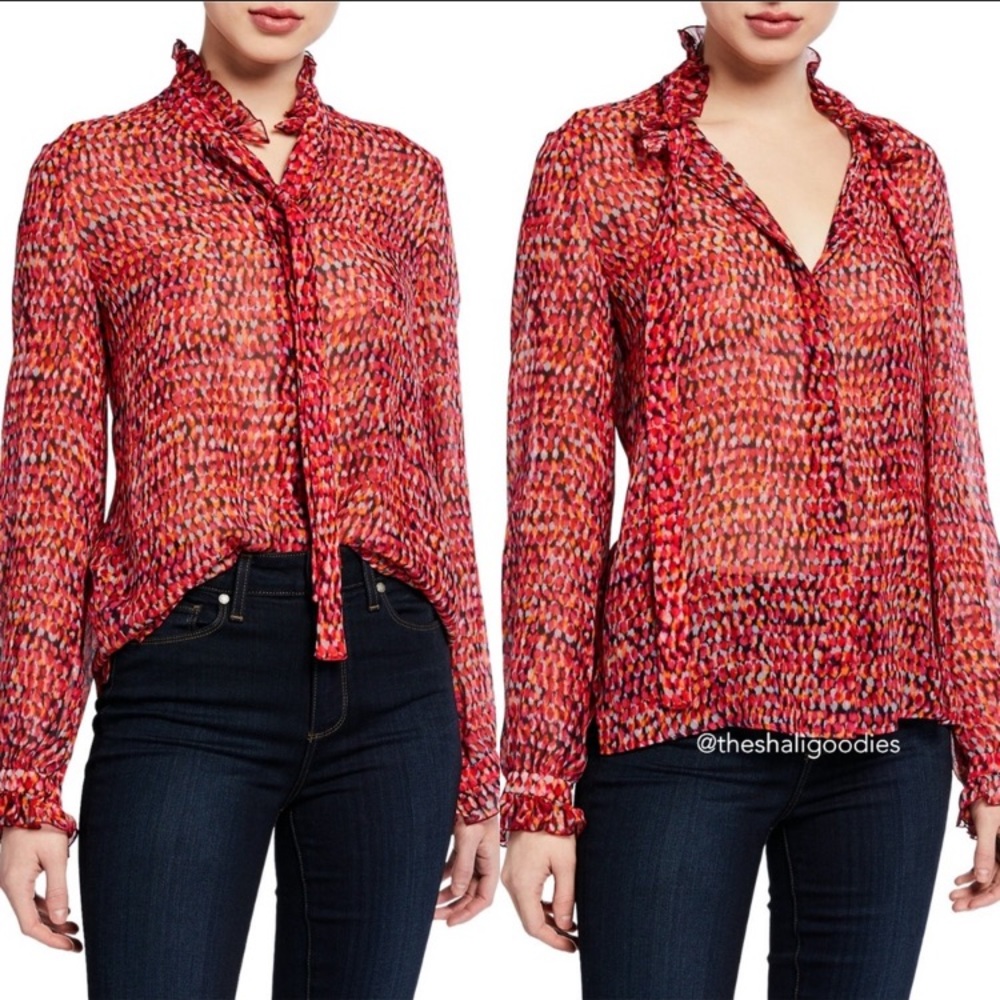 Saloni Emile Polka Dot Silk Blouse Button Down Red